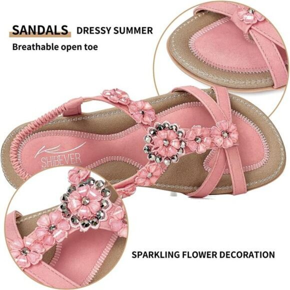 Womens Pink Flat Sandals Dressy Summer Boho Ankle Strap Comfort Walking Shoe - Picture 3 of 7